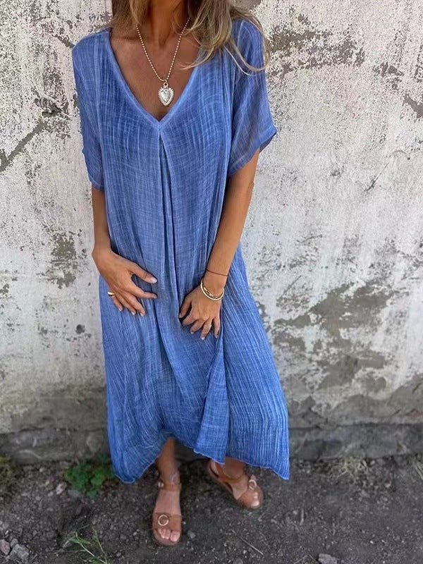 Robe semi - formelle à col en V en coton et lin pour femme - KaoKao