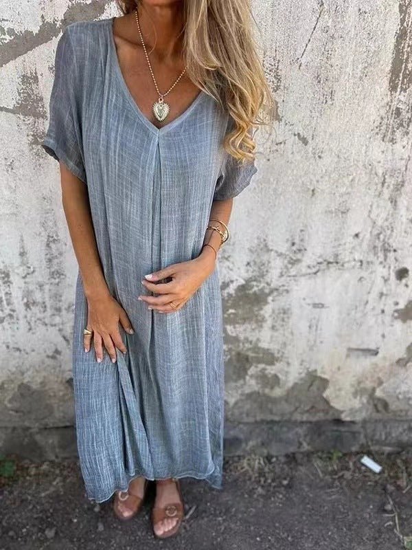 Robe semi - formelle à col en V en coton et lin pour femme - KaoKao