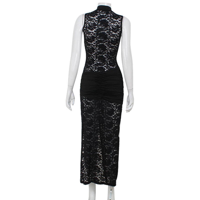 Robe sexy en dentelle ajourée sans manches, coupe ajustée et fente haute - KaoKao