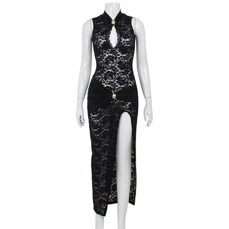 Robe sexy en dentelle ajourée sans manches, coupe ajustée et fente haute - KaoKao