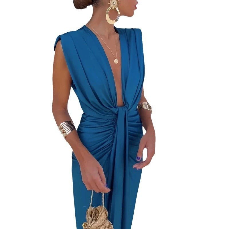 Robe taille haute en dentelle de couleur unie à col en V - KaoKao