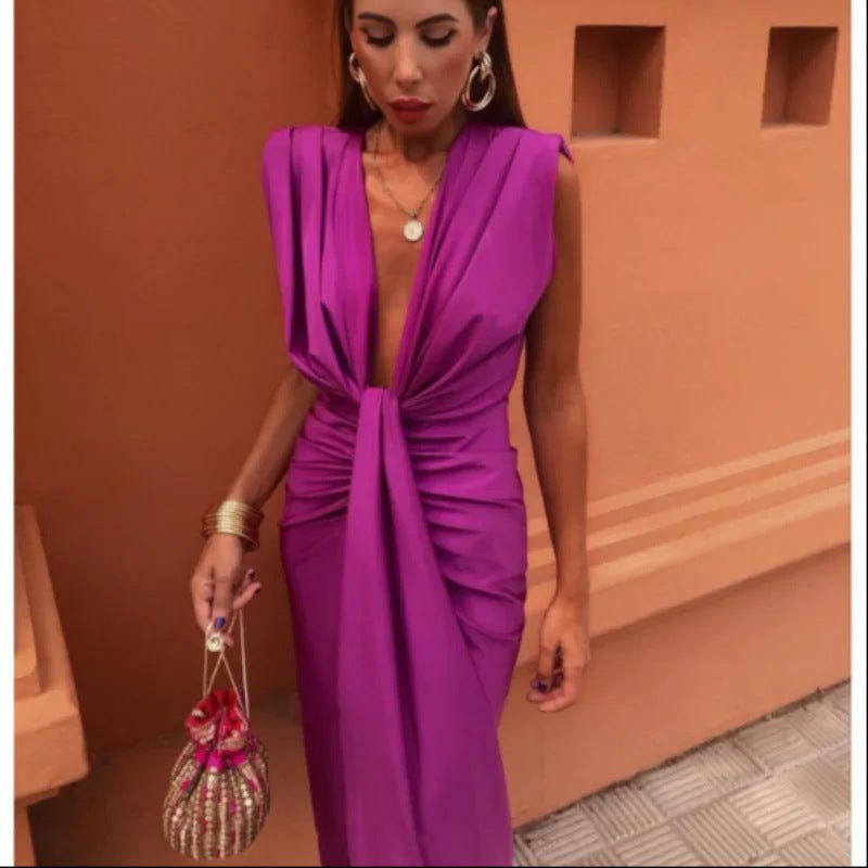 Robe taille haute en dentelle de couleur unie à col en V - KaoKao