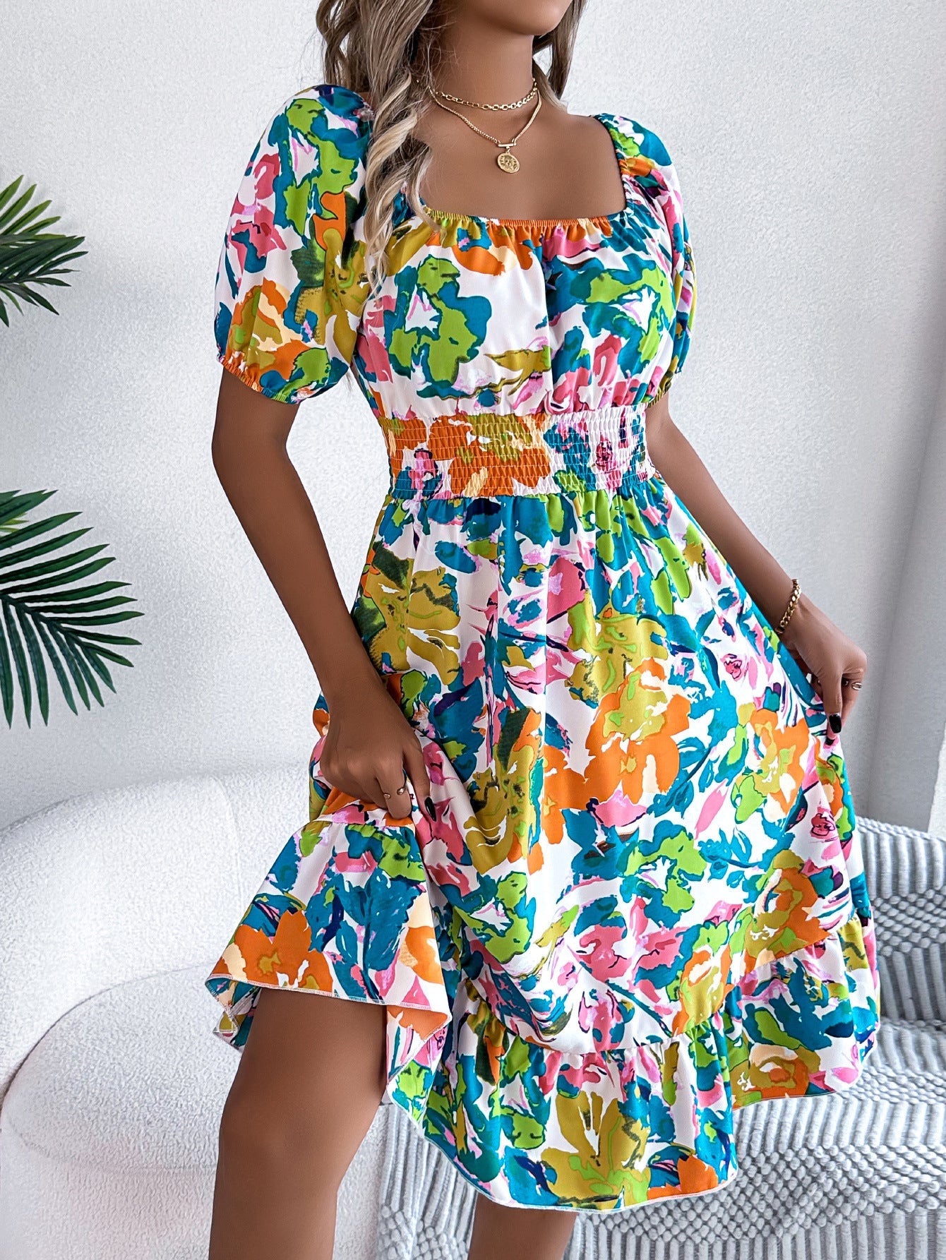 Robe trapèze décontractée à fleurs, col carré, manches courtes, taille à volants - KaoKao