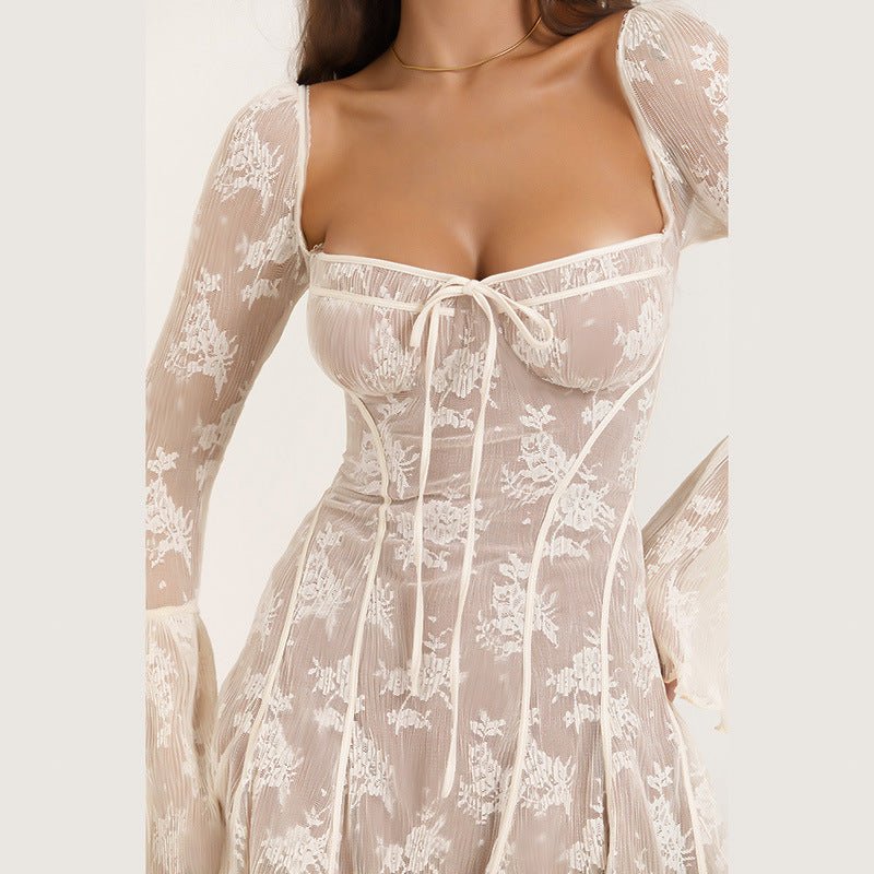 Robe trapèze en dentelle à col carré et manches longues nouées, style évasé, vêtements pour femmes - KaoKao