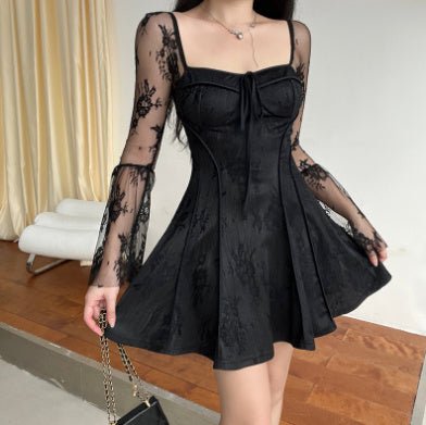 Robe trapèze en dentelle à col carré et manches longues nouées, style évasé, vêtements pour femmes - KaoKao