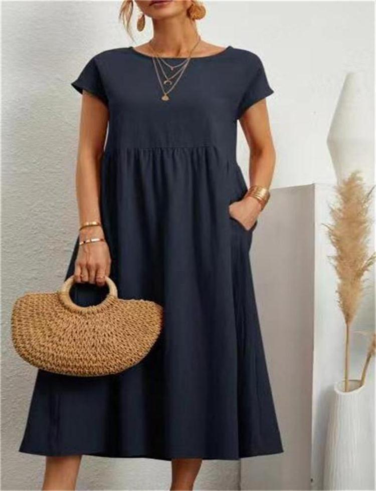 Robe unie sans manches en coton et lin avec poches amples - KaoKao