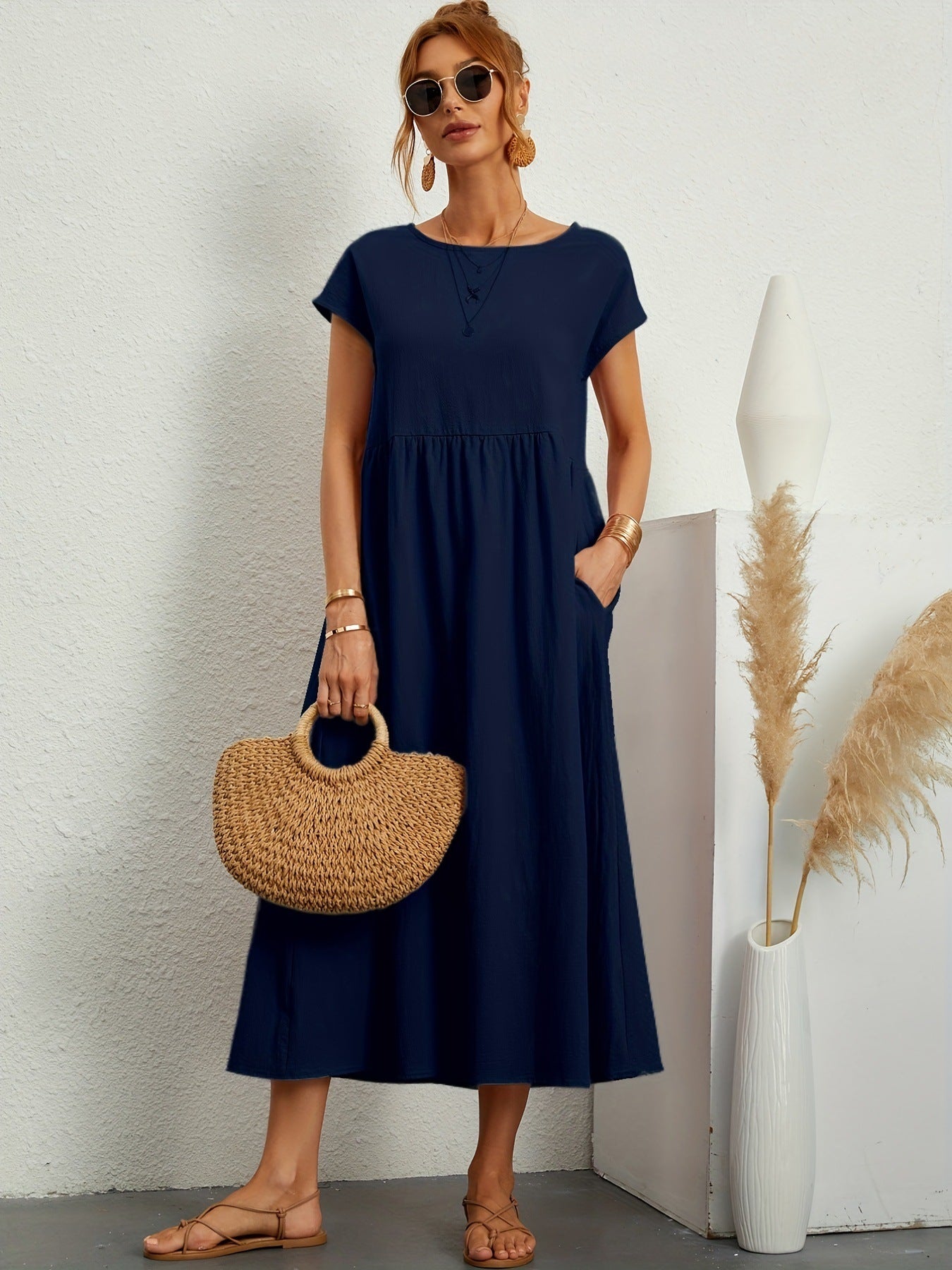 Robe unie sans manches en coton et lin avec poches amples - KaoKao