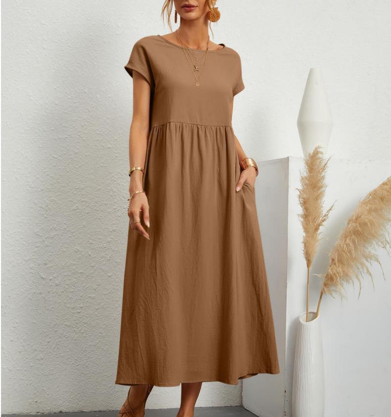 Robe unie sans manches en coton et lin avec poches amples - KaoKao