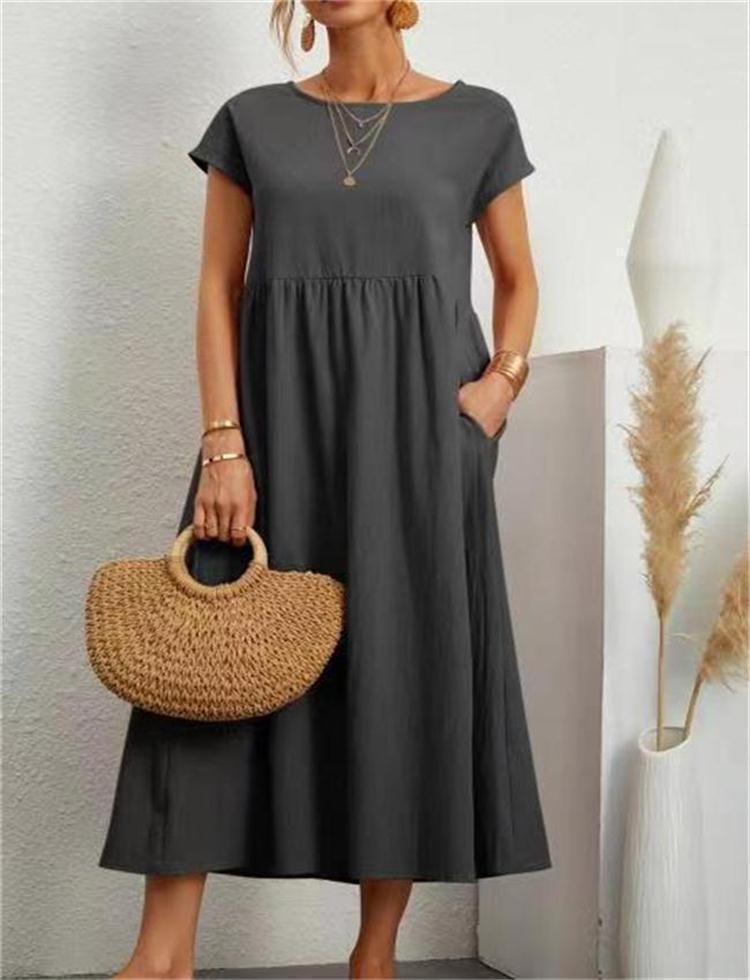 Robe unie sans manches en coton et lin avec poches amples - KaoKao
