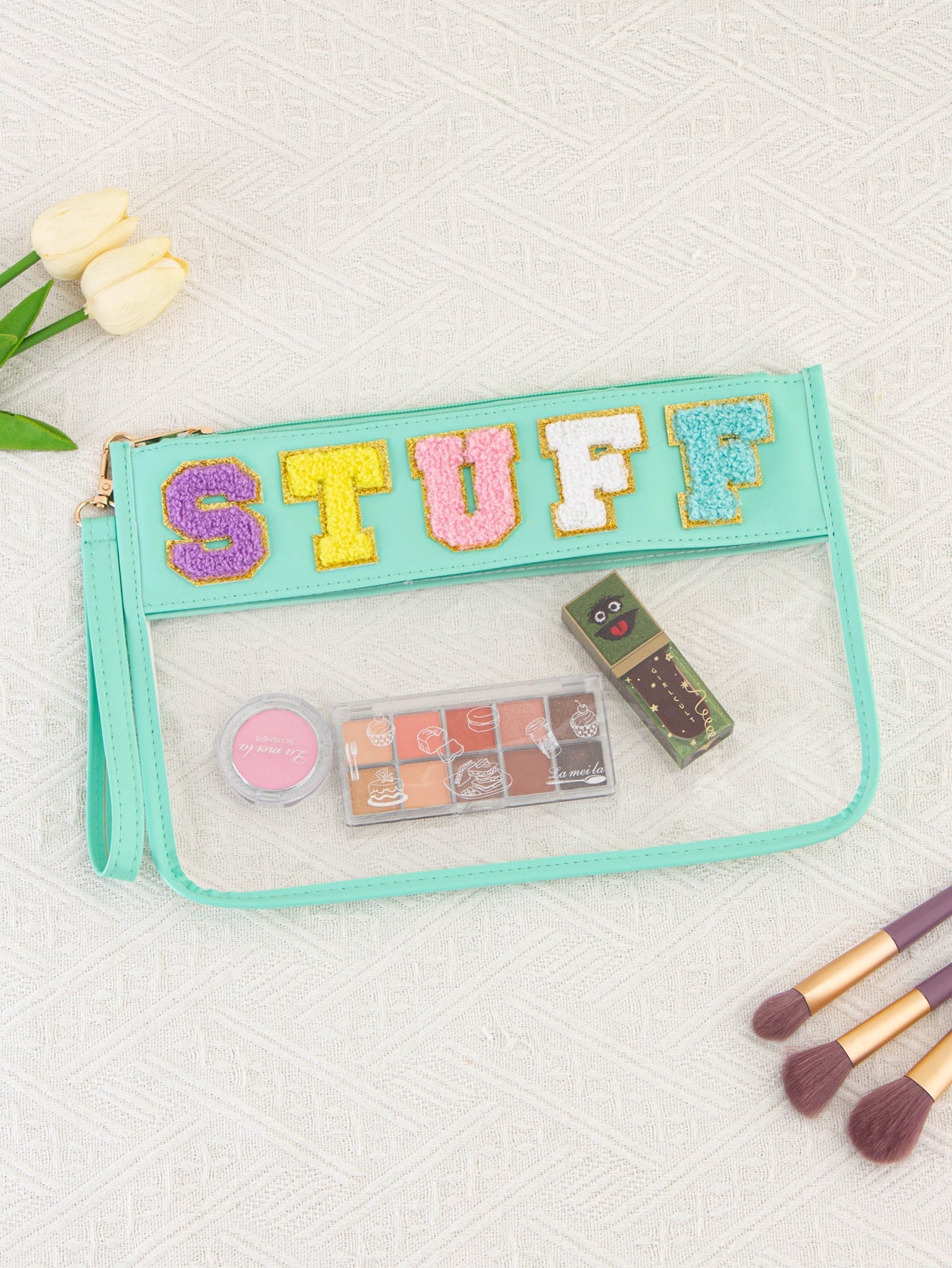 Sac de rangement transparent en PVC avec fermeture éclair et broderie de lettres - KaoKao