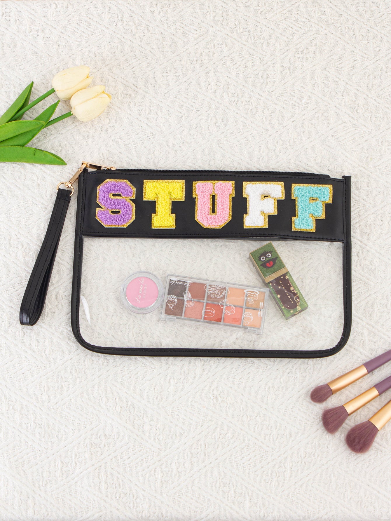 Sac de rangement transparent en PVC avec fermeture éclair et broderie de lettres - KaoKao