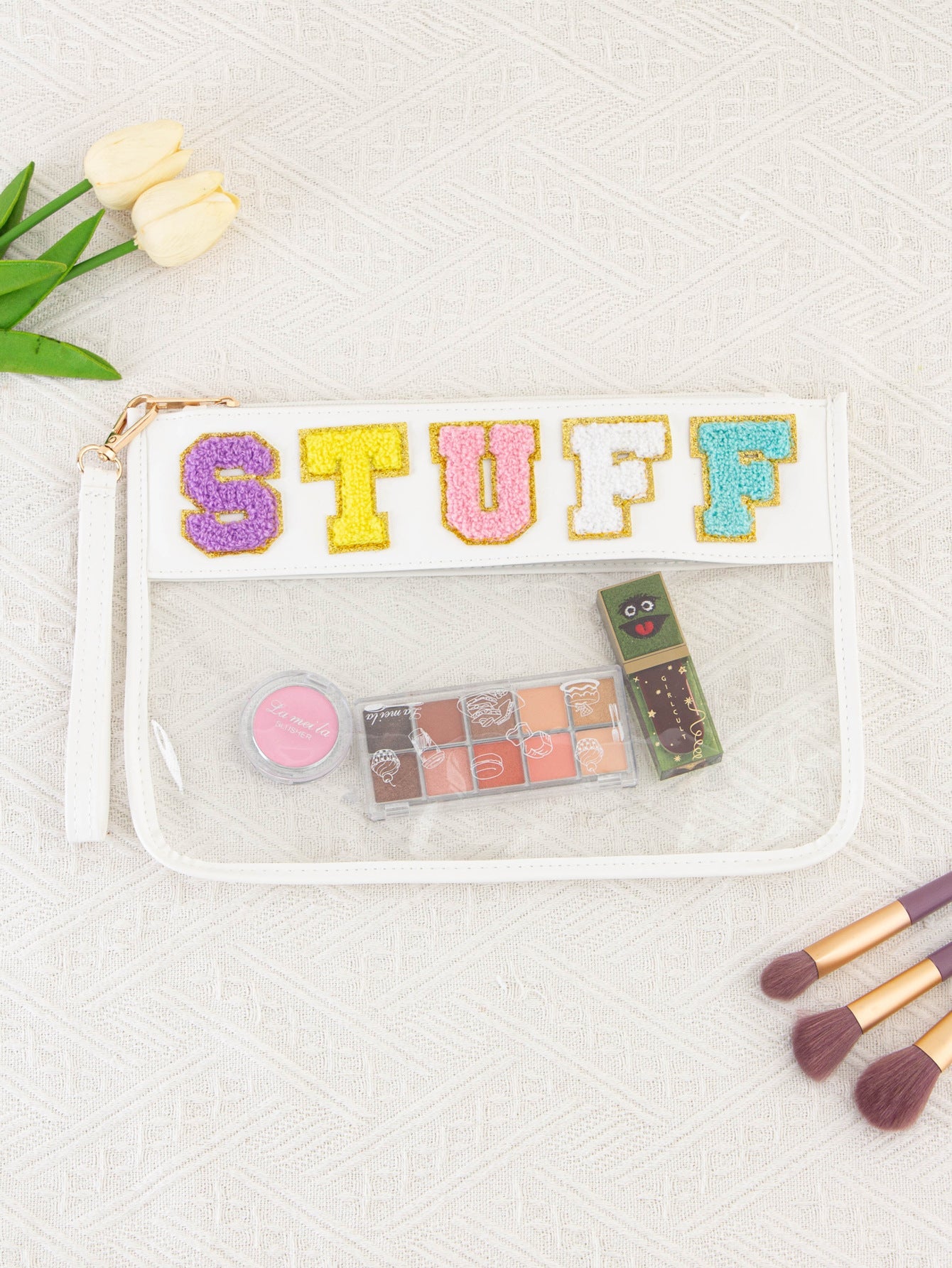 Sac de rangement transparent en PVC avec fermeture éclair et broderie de lettres - KaoKao