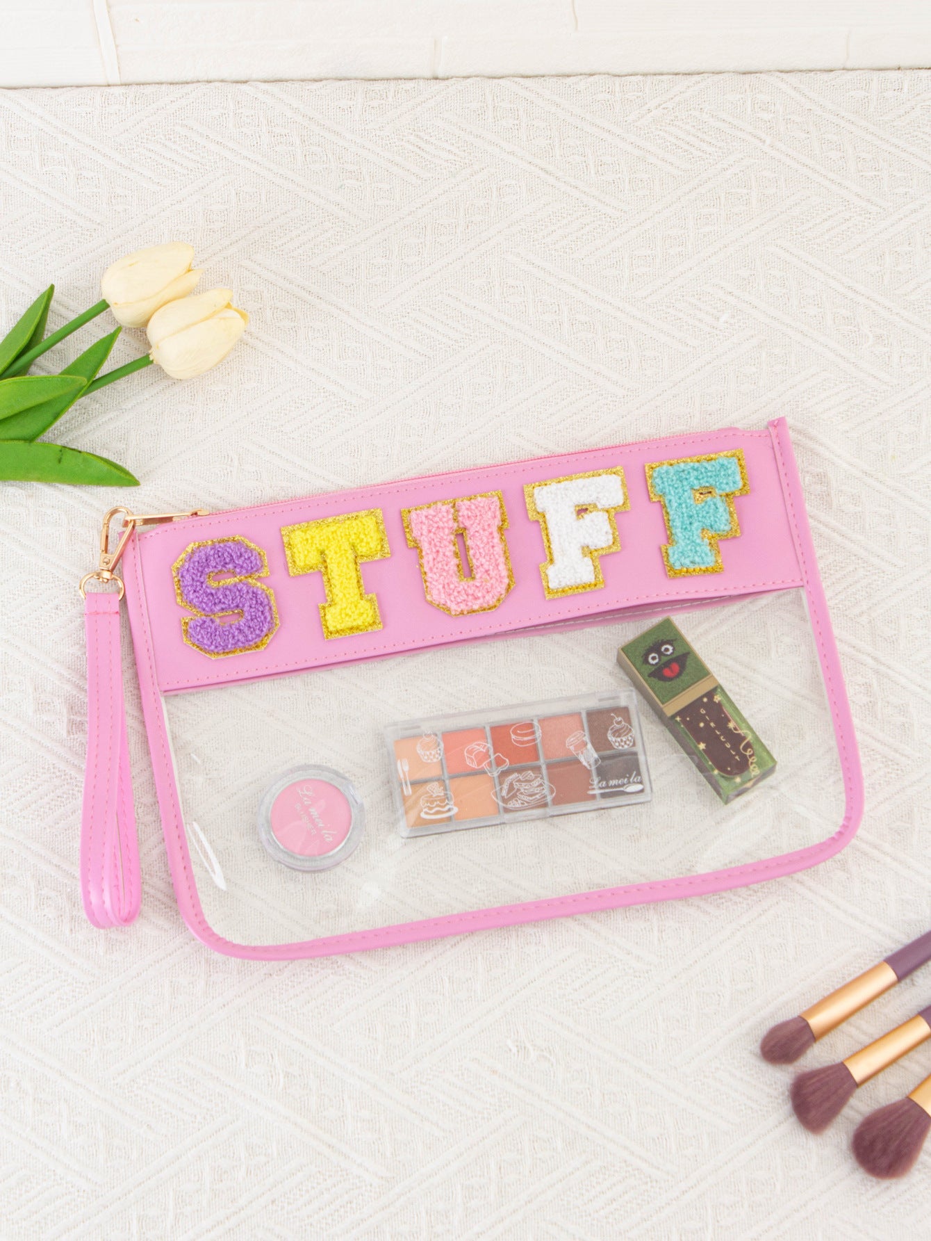Sac de rangement transparent en PVC avec fermeture éclair et broderie de lettres - KaoKao