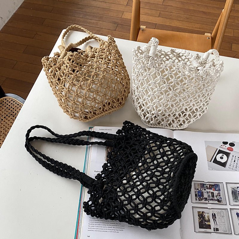 Sac seau rétro en paille tissée décontractée pour les vacances - KaoKao