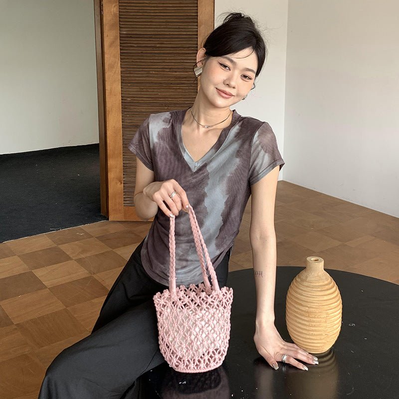 Sac seau rétro en paille tissée décontractée pour les vacances - KaoKao
