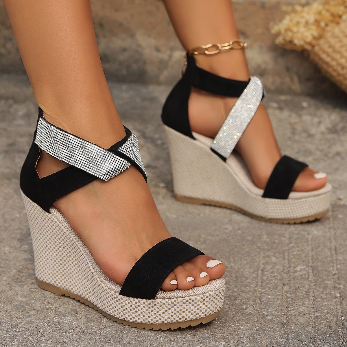 Sandales compensées hautes à bouche de poisson avec strass, chaussures à plateforme d'été tendance pour femmes - KaoKao