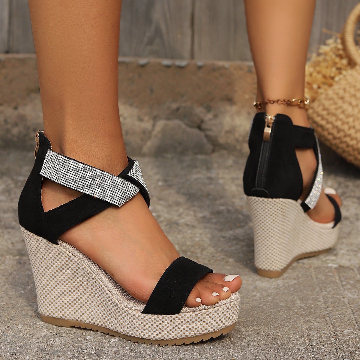 Sandales compensées hautes à bouche de poisson avec strass, chaussures à plateforme d'été tendance pour femmes - KaoKao
