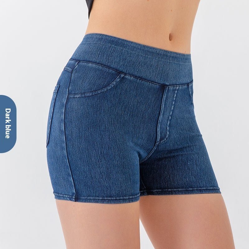 Short de yoga taille haute en jean pour femme, short de sport élastique et de fitness - KaoKao