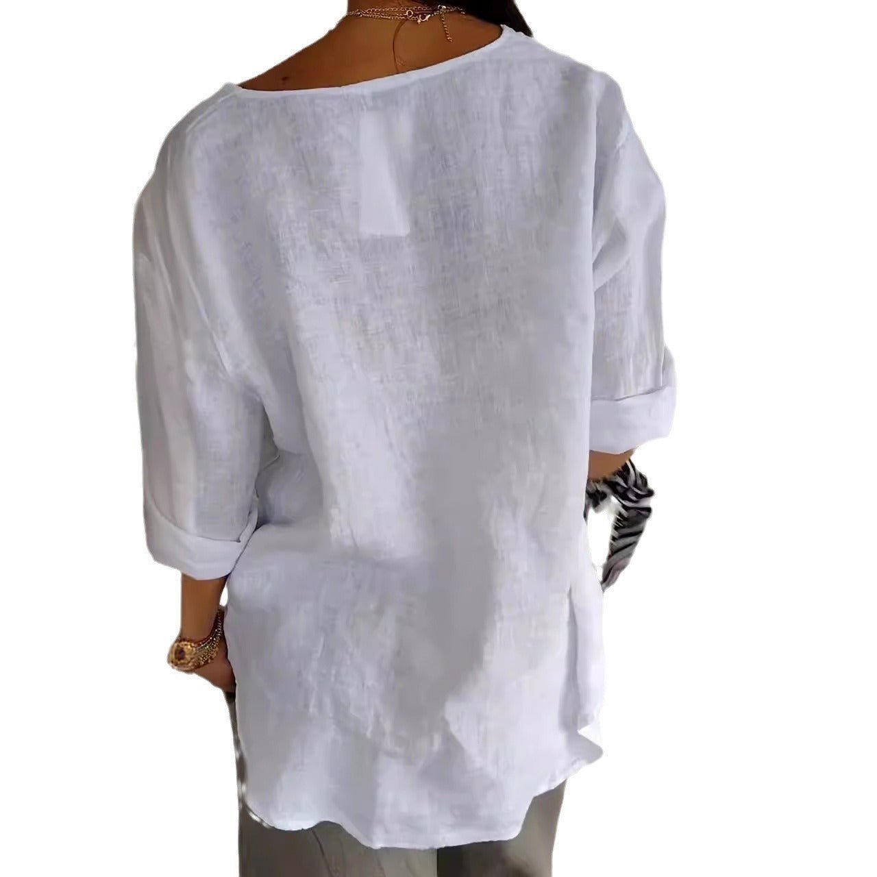 T-shirt ample européen et américain pour femme, col en V, boutonné en coton et lin - KaoKao