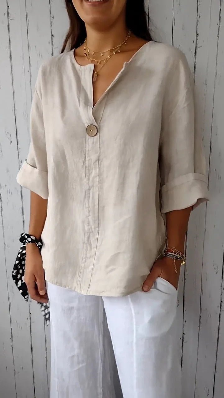 T-shirt ample européen et américain pour femme, col en V, boutonné en coton et lin - KaoKao