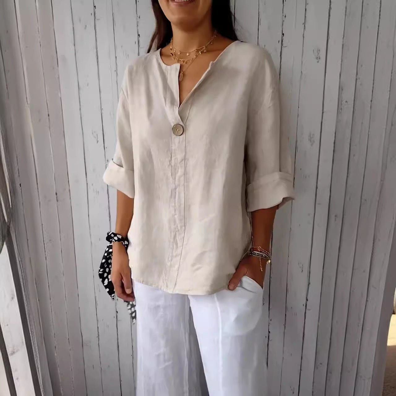 T-shirt ample européen et américain pour femme, col en V, boutonné en coton et lin - KaoKao