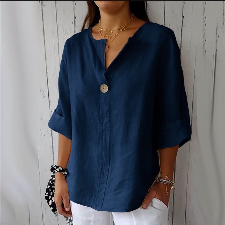 T-shirt ample européen et américain pour femme, col en V, boutonné en coton et lin - KaoKao