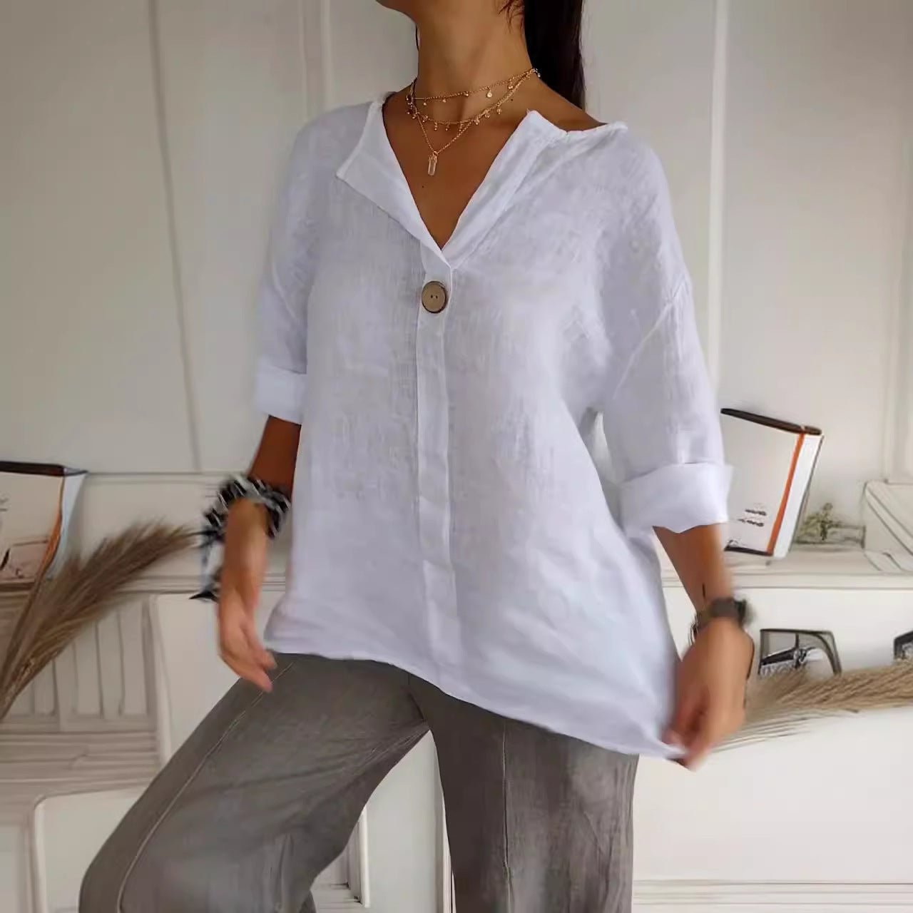 T-shirt ample européen et américain pour femme, col en V, boutonné en coton et lin - KaoKao