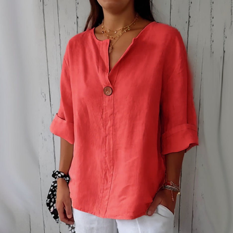 T-shirt ample européen et américain pour femme, col en V, boutonné en coton et lin - KaoKao