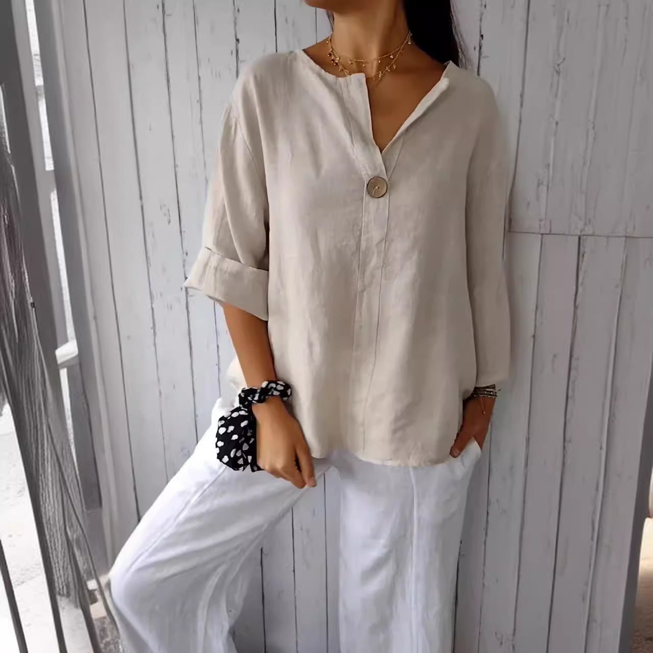 T-shirt ample européen et américain pour femme, col en V, boutonné en coton et lin - KaoKao