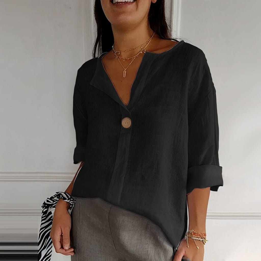 T-shirt ample européen et américain pour femme, col en V, boutonné en coton et lin - KaoKao