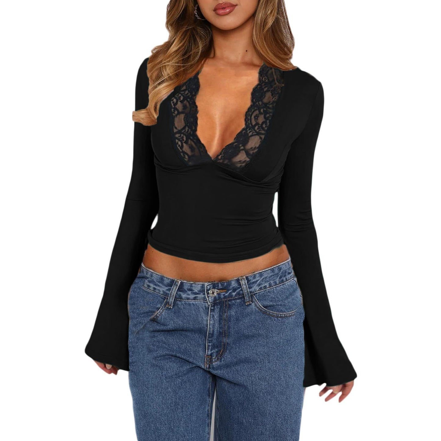 T-shirt slim col V en dentelle, manches trompette, haut à manches longues, vêtements pour femmes - KaoKao