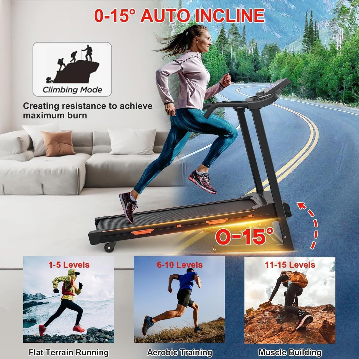 Tapis de course pliable à inclinaison automatique pour la maison, capacité d'environ 181,4 kg, puissance de 3,25 chevaux. Tapis de course électrique pliable. - KaoKao