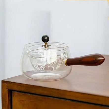 Théière en verre semi - automatique rotative résistante à la chaleur, préparation du thé paresseuse avec infuseur et poignée en bois, accessoires de bureau et de maison, gadgets de cuisine - KaoKao