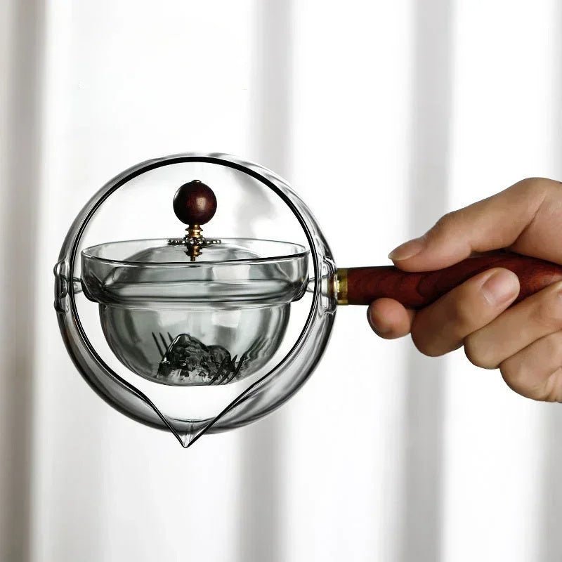Théière en verre semi - automatique rotative résistante à la chaleur, préparation du thé paresseuse avec infuseur et poignée en bois, accessoires de bureau et de maison, gadgets de cuisine - KaoKao