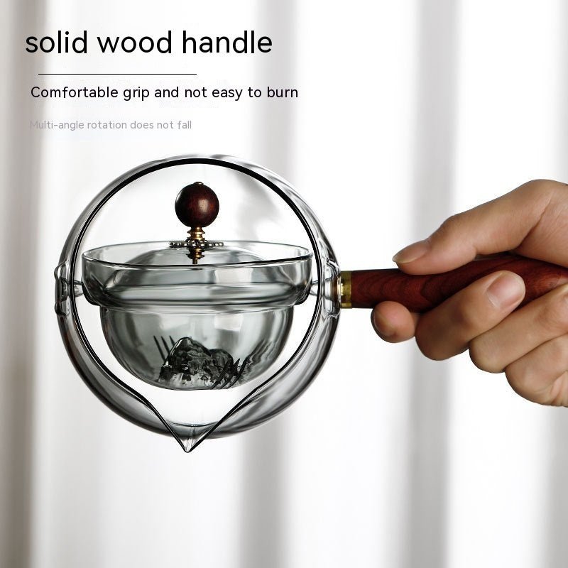 Théière en verre semi - automatique rotative résistante à la chaleur, préparation du thé paresseuse avec infuseur et poignée en bois, accessoires de bureau et de maison, gadgets de cuisine - KaoKao