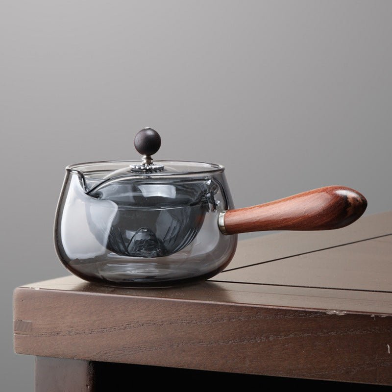 Théière en verre semi - automatique rotative résistante à la chaleur, préparation du thé paresseuse avec infuseur et poignée en bois, accessoires de bureau et de maison, gadgets de cuisine - KaoKao