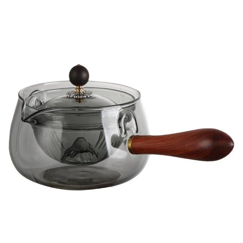 Théière en verre semi - automatique rotative résistante à la chaleur, préparation du thé paresseuse avec infuseur et poignée en bois, accessoires de bureau et de maison, gadgets de cuisine - KaoKao
