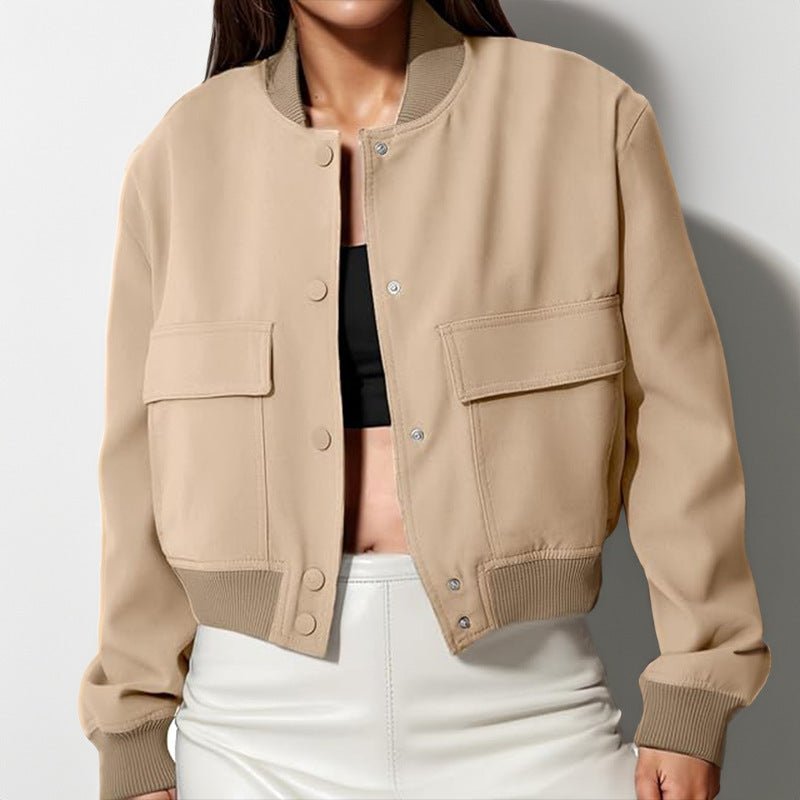 Veste à col montant boutonnée tendance avec grandes poches, vêtement d'extérieur décontracté, ample et court pour femme - KaoKao