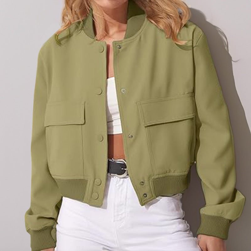 Veste à col montant boutonnée tendance avec grandes poches, vêtement d'extérieur décontracté, ample et court pour femme - KaoKao