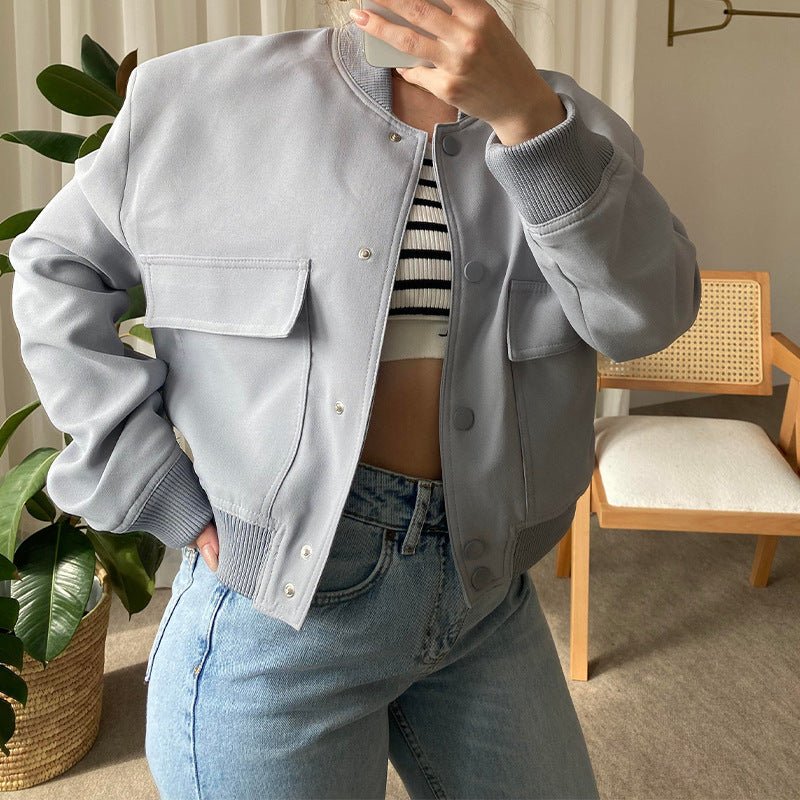 Veste à col montant boutonnée tendance avec grandes poches, vêtement d'extérieur décontracté, ample et court pour femme - KaoKao