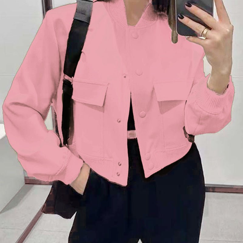Veste à col montant boutonnée tendance avec grandes poches, vêtement d'extérieur décontracté, ample et court pour femme - KaoKao