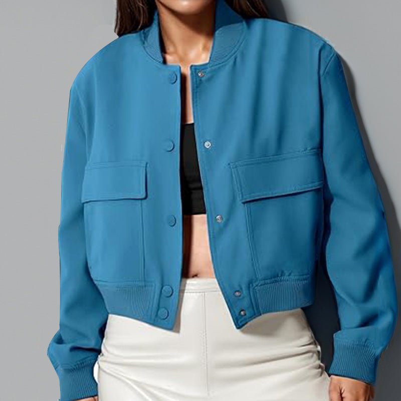 Veste à col montant boutonnée tendance avec grandes poches, vêtement d'extérieur décontracté, ample et court pour femme - KaoKao