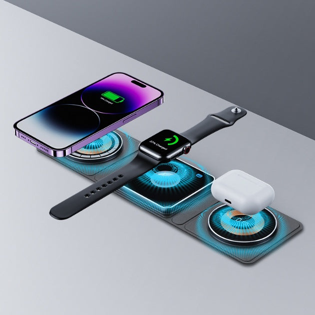 Station de chargement sans fil magnétique pliable 3 EN 1 pour iPhone, chargement rapide transparent pour iWatch et AirPods.
