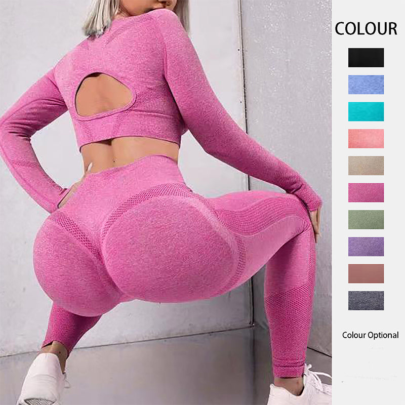 Ensembles de sport 2 pièces, hauts à manches longues avec design creux et leggings de fitness sans couture à taille haute pour le soulèvement des fesses, vêtements de sport pour la gym.