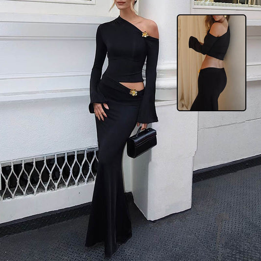 Sexy slim oblique épaule jupe costume avec fleur mode cloche manches longues haut et taille haute jupe longue femmes vêtements