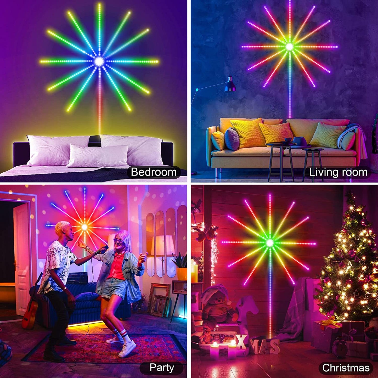 Lumières de feu d'artifice bande LED synchronisation sonore avec musique changement de couleur télécommande lumière de feu d'artifice pour fête en chambre