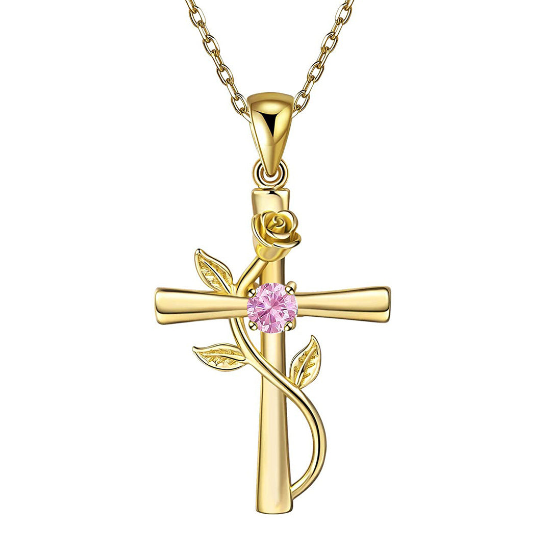 Collier en croix rose avec pendentif en pierres précieuses de mode, pierres de naissance de 12 mois, cadeau pour la Saint-Valentin ou un anniversaire.