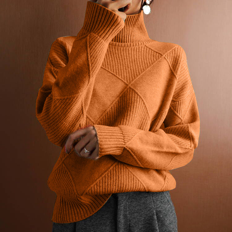 Pull chaud à col montant lâche en tricot pour femmes de couleur unie