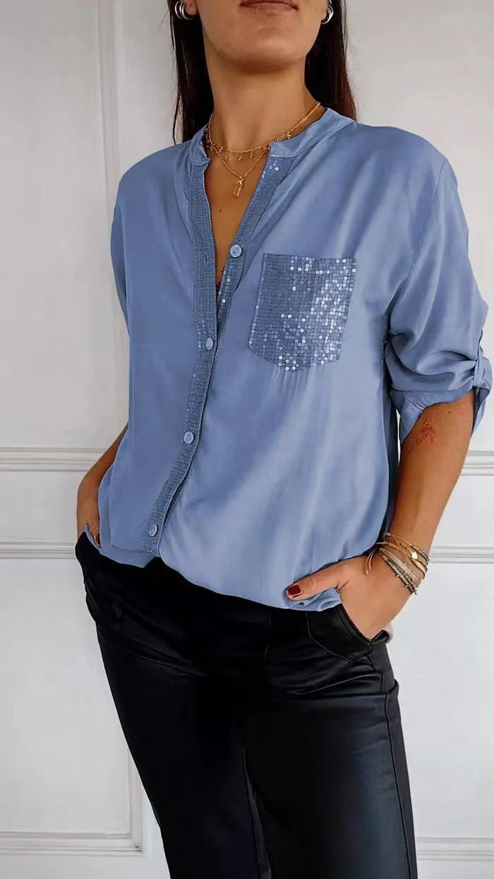 Chemise à manches longues décontractée avec design de poche en sequins, haut de mode pour femmes, vêtement de commutation.