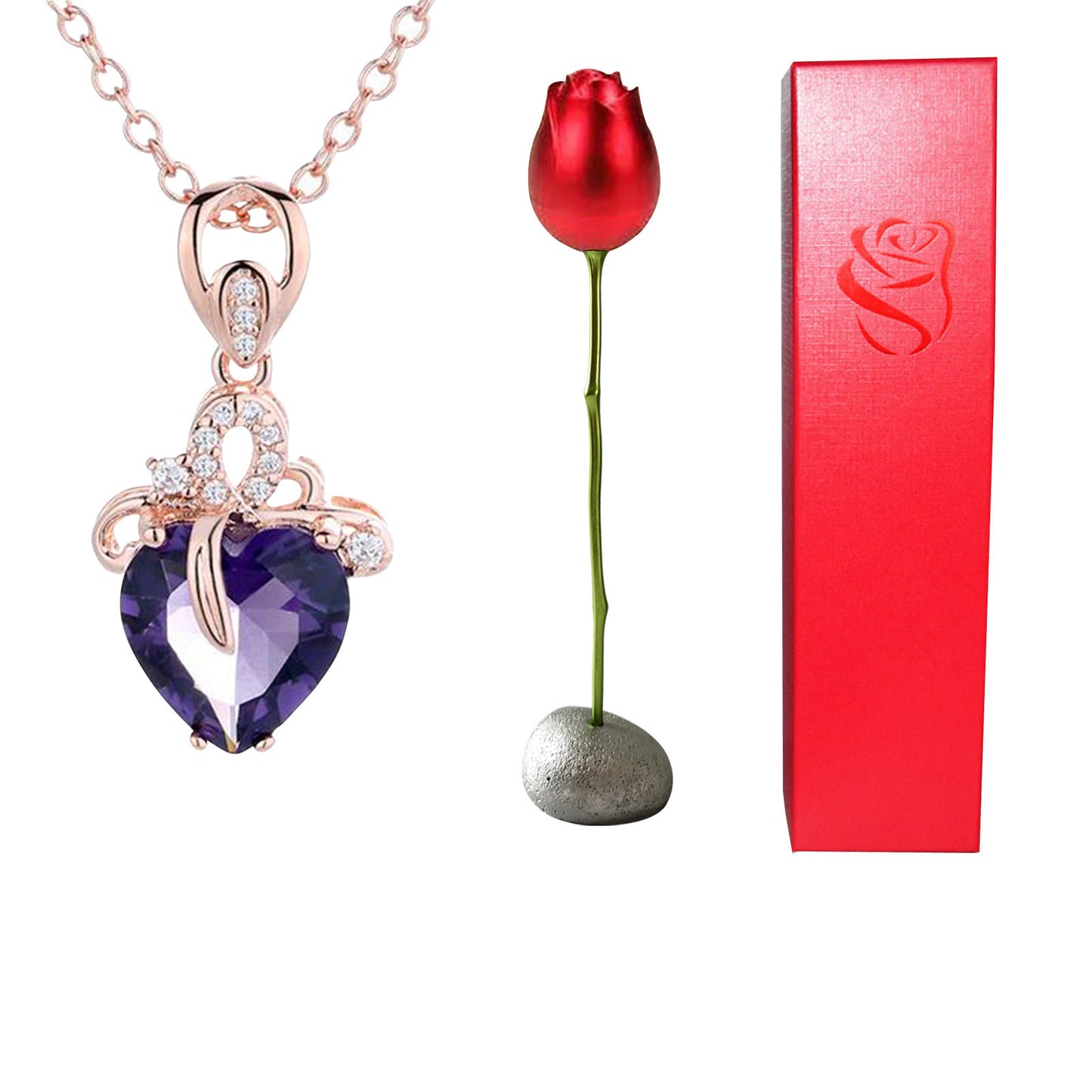 Collier avec pendentif en forme de cœur en cristal bleu violet et diamant en forme de tête de rose pour la Saint-Valentin